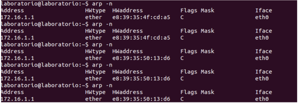 Figure 1.2-9 Changing in ARP Table of H2 – H1 and H1’ pinging simultaneously